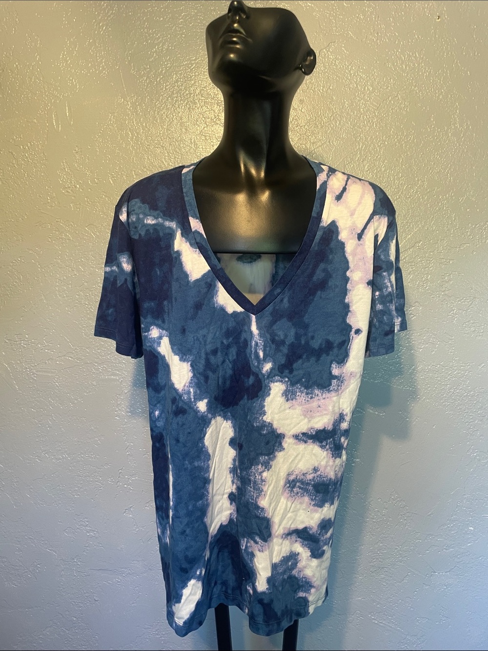 Dkny Navy and White Tie-Dye V-Neck Short Sleeve Tee